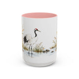 Red Crowned Crane Mug, Autumn Reeds Watercolor Bird Coffee Cup, Elegant Nature Gift, 11oz 15oz Ceramic Accent Mug — Front view — Photo 7