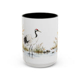 Red Crowned Crane Mug, Autumn Reeds Watercolor Bird Coffee Cup, Elegant Nature Gift, 11oz 15oz Ceramic Accent Mug — Front view — Photo 5