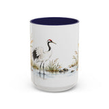 Red Crowned Crane Mug, Autumn Reeds Watercolor Bird Coffee Cup, Elegant Nature Gift, 11oz 15oz Ceramic Accent Mug — Front view — Photo 6
