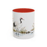 Red Crowned Crane Mug, Autumn Reeds Watercolor Bird Coffee Cup, Elegant Nature Gift, 11oz 15oz Ceramic Accent Mug — Front view — Photo 4