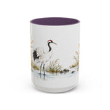 Red Crowned Crane Mug, Autumn Reeds Watercolor Bird Coffee Cup, Elegant Nature Gift, 11oz 15oz Ceramic Accent Mug — Front view — Photo 17