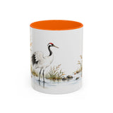 Red Crowned Crane Mug, Autumn Reeds Watercolor Bird Coffee Cup, Elegant Nature Gift, 11oz 15oz Ceramic Accent Mug — Front view — Photo 11