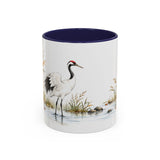 Red Crowned Crane Mug, Autumn Reeds Watercolor Bird Coffee Cup, Elegant Nature Gift, 11oz 15oz Ceramic Accent Mug — Front view — Photo 2