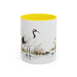 Red Crowned Crane Mug, Autumn Reeds Watercolor Bird Coffee Cup, Elegant Nature Gift, 11oz 15oz Ceramic Accent Mug — Front view — Photo 12