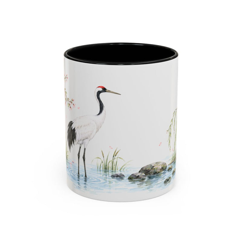 Red Crowned Crane Mug, Spring Blossom Watercolor Bird Coffee Cup, Elegant Nature Gift, 11oz 15oz Ceramic Accent Mug — 11oz / Black — front