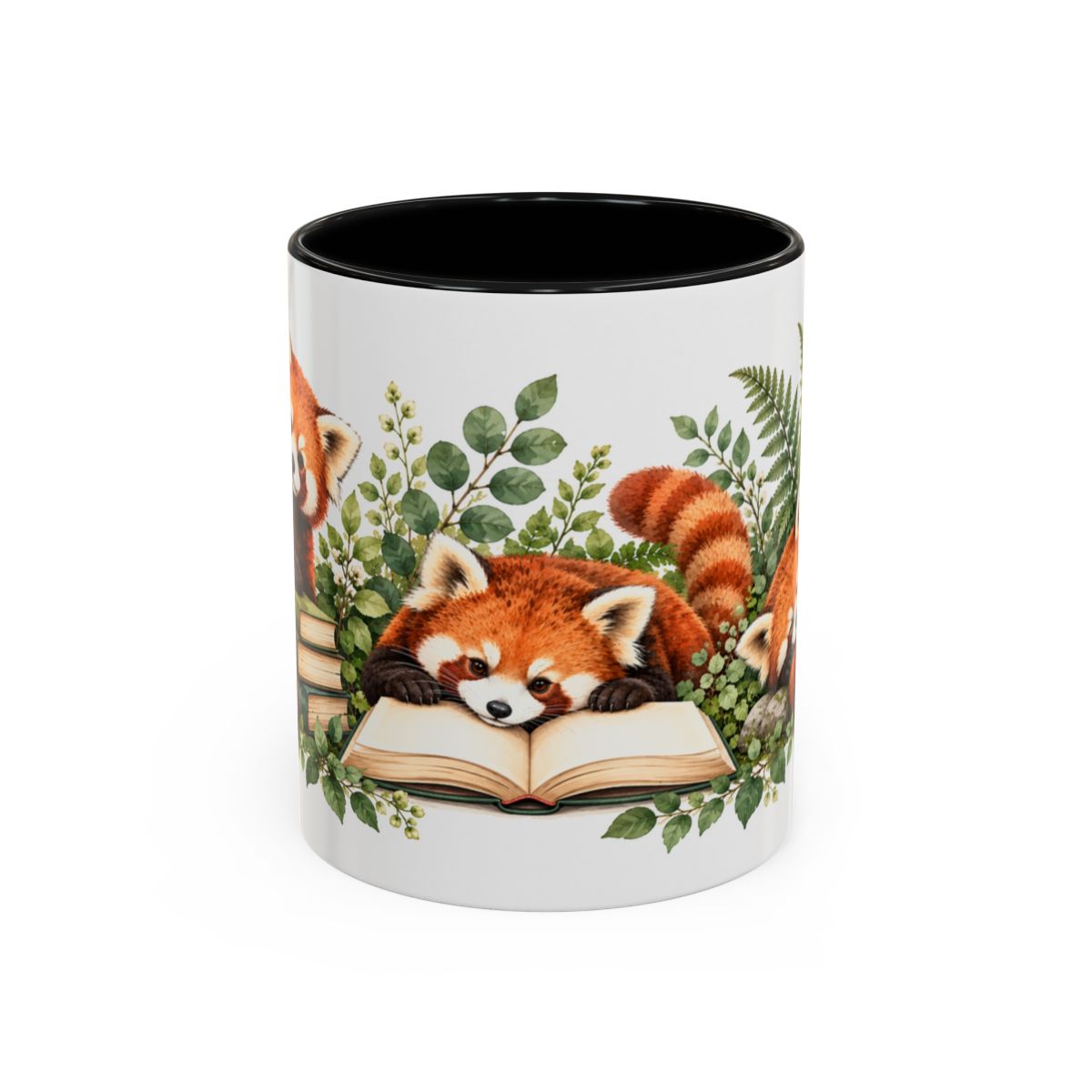 Red Panda Book Lover Mug, Cozy Reading Garden, 11oz or 15oz — 11oz / Black — front