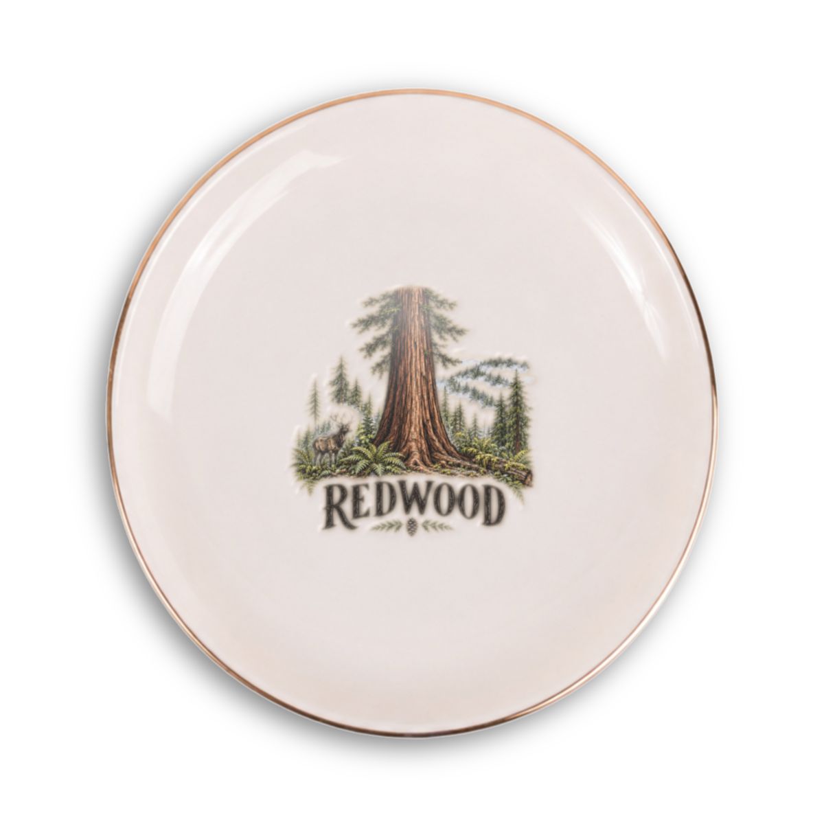 Redwood Ceramic Ring Dish, Gold Rim Trinket Tray, Jewelry Holder Gift, Round Wavy Round Heart — Front view — Photo 1
