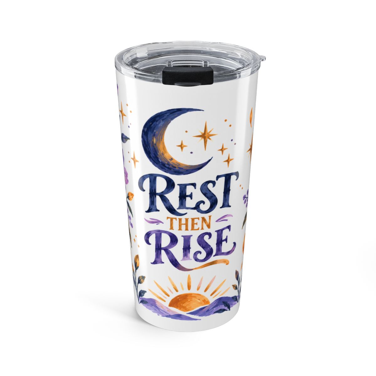 Rest Then Rise 20oz Tumbler, Botanical Inspirational Quote Gift, Insulated Stainless Steel Travel Cup — Front view — Photo 1