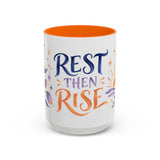 Rest Then Rise Mug, Botanical Inspirational Coffee Cup, Encouragement Gift, 11oz 15oz Accent Mug — 15oz / Orange — front