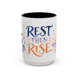 Rest Then Rise Mug, Botanical Inspirational Coffee Cup, Encouragement Gift, 11oz 15oz Accent Mug — 15oz / Black — front