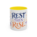 Rest Then Rise Mug, Botanical Inspirational Coffee Cup, Encouragement Gift, 11oz 15oz Accent Mug — 11oz / Yellow — front