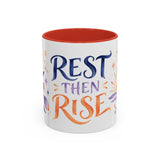 Rest Then Rise Mug, Botanical Inspirational Coffee Cup, Encouragement Gift, 11oz 15oz Accent Mug — 11oz / Red — front
