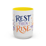 Rest Then Rise Mug, Botanical Inspirational Coffee Cup, Encouragement Gift, 11oz 15oz Accent Mug — 15oz / Yellow — front