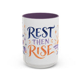 Rest Then Rise Mug, Botanical Inspirational Coffee Cup, Encouragement Gift, 11oz 15oz Accent Mug — 15oz / Purple — front