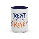 Rest Then Rise Mug, Botanical Inspirational Coffee Cup, Encouragement Gift, 11oz 15oz Accent Mug — 15oz / Navy — front