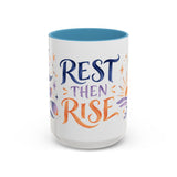 Rest Then Rise Mug, Botanical Inspirational Coffee Cup, Encouragement Gift, 11oz 15oz Accent Mug — 15oz / Light Blue — front
