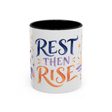 Rest Then Rise Mug, Botanical Inspirational Coffee Cup, Encouragement Gift, 11oz 15oz Accent Mug — 11oz / Black — front