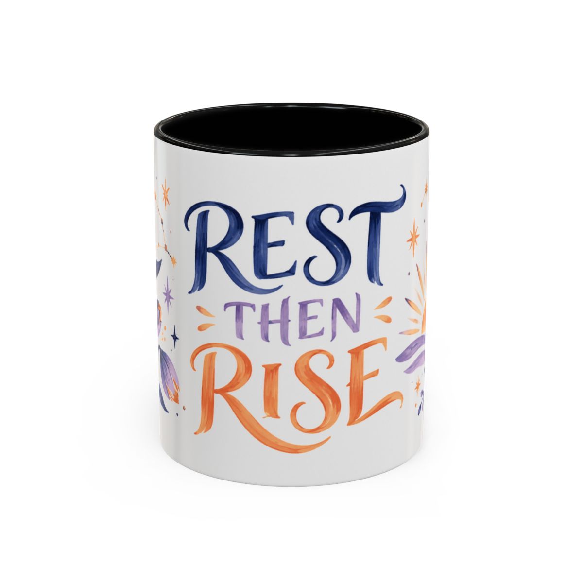 Rest Then Rise Mug, Botanical Inspirational Coffee Cup, Encouragement Gift, 11oz 15oz Accent Mug — 11oz / Black — front