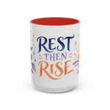 Rest Then Rise Mug, Botanical Inspirational Coffee Cup, Encouragement Gift, 11oz 15oz Accent Mug — 15oz / Red — front