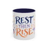 Rest Then Rise Mug, Botanical Inspirational Coffee Cup, Encouragement Gift, 11oz 15oz Accent Mug — 11oz / Navy — front