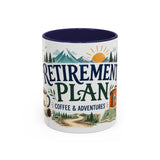 Retirement Plan Coffee And Adventures Mug — Travel Retirement Gift — Accent Color Ceramic 11oz 15oz — Front view — Photo 2