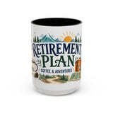 Retirement Plan Coffee And Adventures Mug — Travel Retirement Gift — Accent Color Ceramic 11oz 15oz — Front view — Photo 5