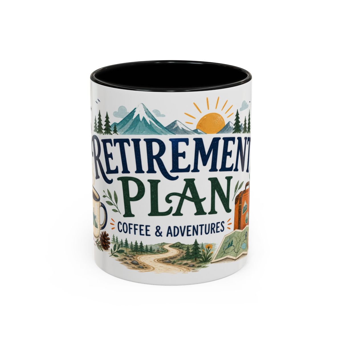 Retirement Plan Coffee And Adventures Mug — Travel Retirement Gift — Accent Color Ceramic 11oz 15oz — Front view — Photo 1