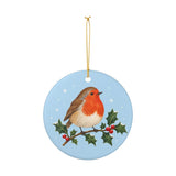 Robin on Holly Ceramic Ornament, Double Sided Round Christmas Decoration, Holiday Keepsake Gift — Product view — Photo 3