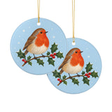 Robin on Holly Ceramic Ornament, Double Sided Round Christmas Decoration, Holiday Keepsake Gift — Product view — Photo 6