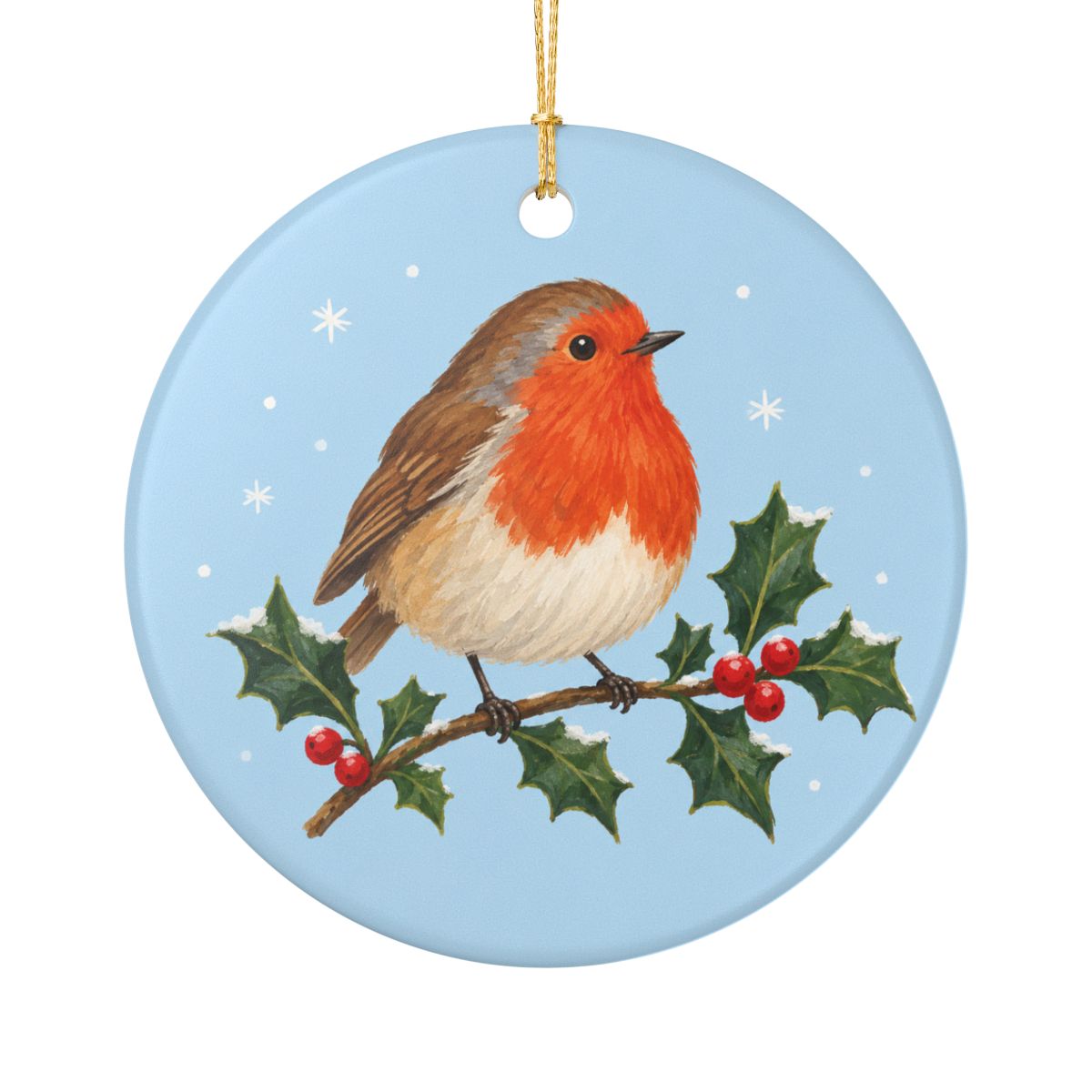 Robin on Holly Ceramic Ornament, Double Sided Round Christmas Decoration, Holiday Keepsake Gift — Front view — Photo 1