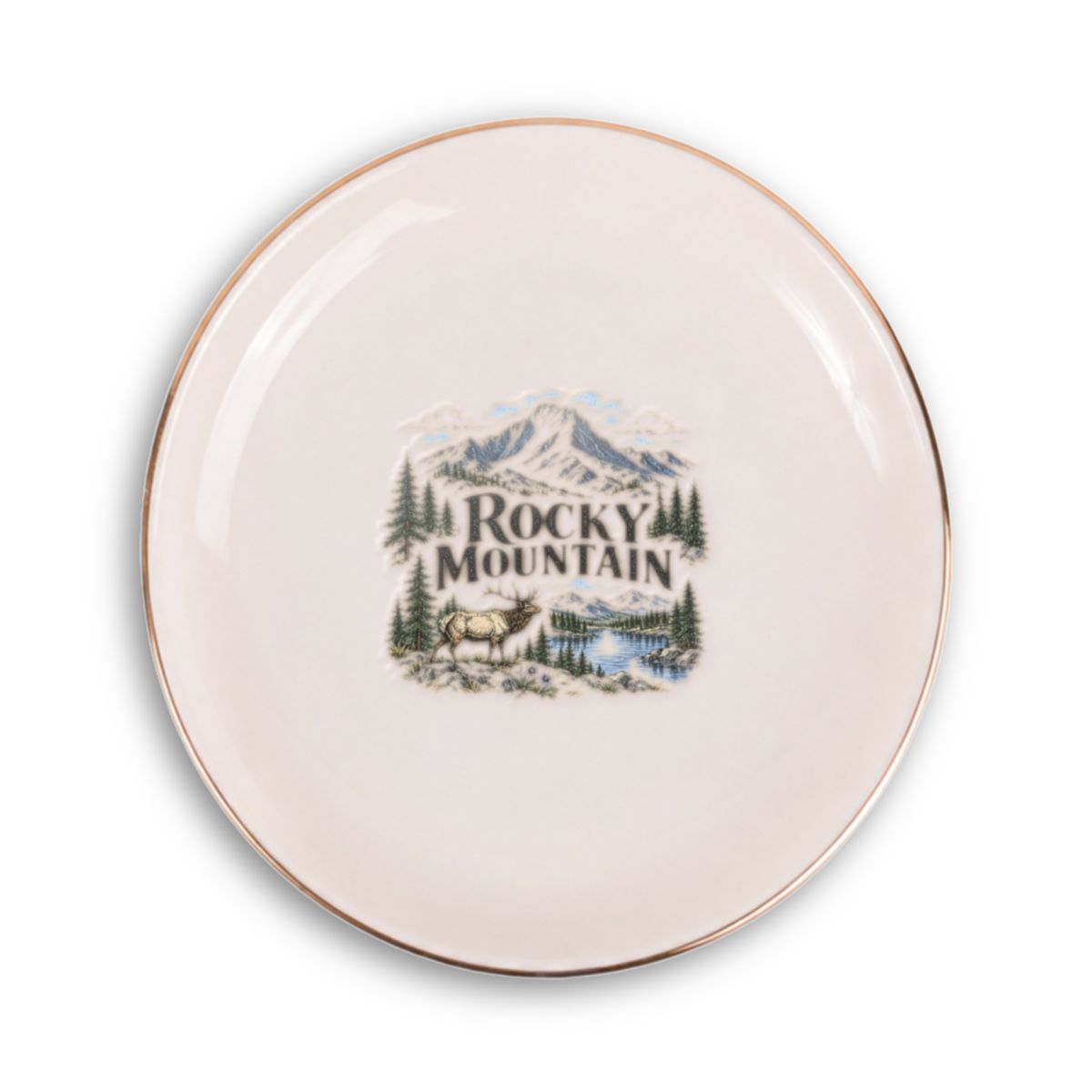Rocky Mountain Ceramic Ring Dish, Gold Rim Trinket Tray, Jewelry Holder Gift, Round Wavy Round Heart — Front view — Photo 1