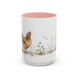 Russet Hen Accent Mug | Watercolor Nature Coffee Cup | 11oz 15oz Farm Animal Gift — 15oz / Pink — front