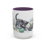 Russian Blue Mug, Cute Watercolor Cat Coffee Cup, Floral Pet Lover Gift, 11oz 15oz Ceramic Accent Mug — 15oz / Purple — front