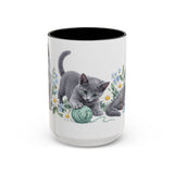 Russian Blue Mug, Cute Watercolor Cat Coffee Cup, Floral Pet Lover Gift, 11oz 15oz Ceramic Accent Mug — 15oz / Black — front