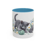 Russian Blue Mug, Cute Watercolor Cat Coffee Cup, Floral Pet Lover Gift, 11oz 15oz Ceramic Accent Mug — 11oz / Light Blue — front