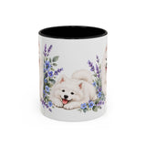 Samoyed Mug, Cute Watercolor Dog Coffee Cup, Floral Pet Lover Gift, 11oz 15oz Ceramic Accent Mug — 11oz / Black — front
