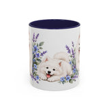 Samoyed Mug, Cute Watercolor Dog Coffee Cup, Floral Pet Lover Gift, 11oz 15oz Ceramic Accent Mug — 11oz / Navy — front