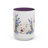 Samoyed Mug, Cute Watercolor Dog Coffee Cup, Floral Pet Lover Gift, 11oz 15oz Ceramic Accent Mug — 15oz / Purple — front