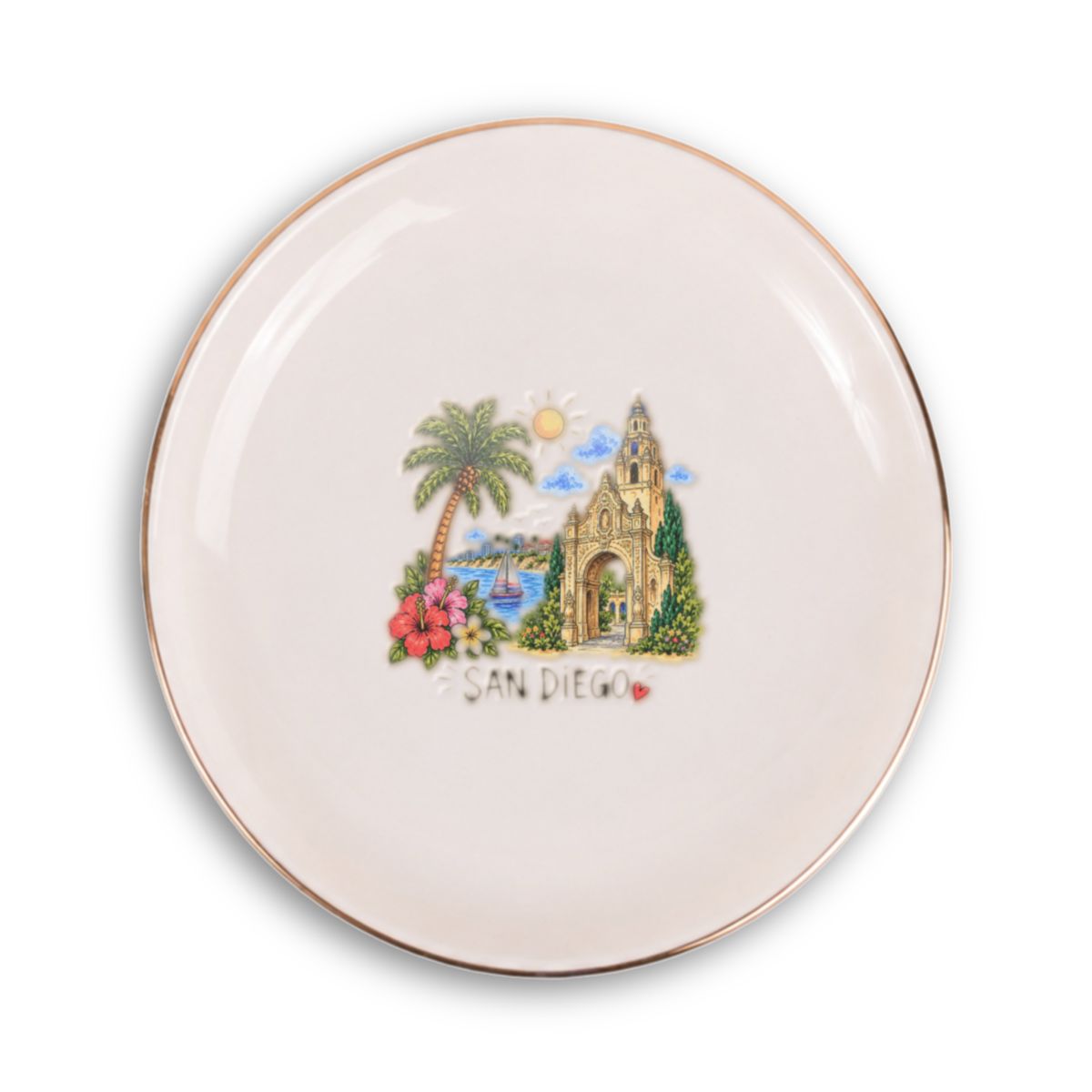 San Diego Ceramic Ring Dish, Gold Rim Trinket Tray, Jewelry Holder Gift, Round Wavy Round Heart — Front view — Photo 1