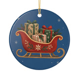 Santa Sleigh and Gifts Ceramic Ornament, Double Sided Round Christmas Decoration, Holiday Keepsake Gift — Back view — Photo 2