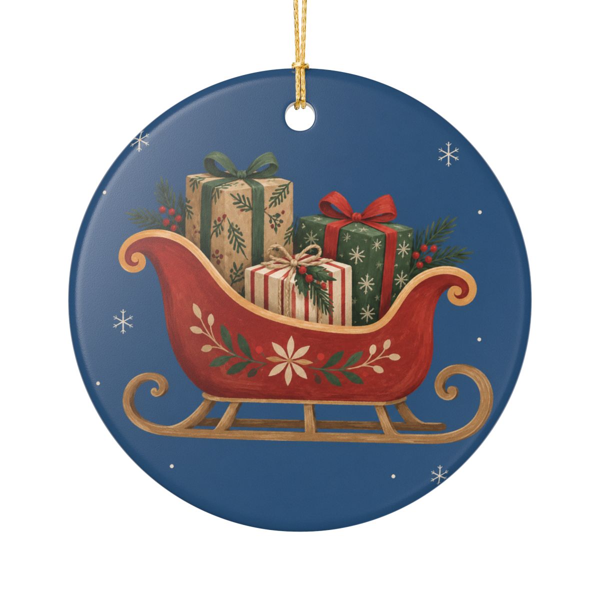 Santa Sleigh and Gifts Ceramic Ornament, Double Sided Round Christmas Decoration, Holiday Keepsake Gift — Front view — Photo 1