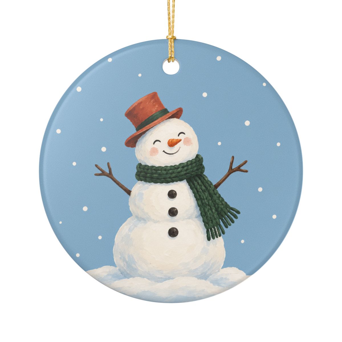 Scarf Snowman Ceramic Ornament, Double Sided Round Christmas Decoration, Holiday Keepsake Gift — Front view — Photo 1