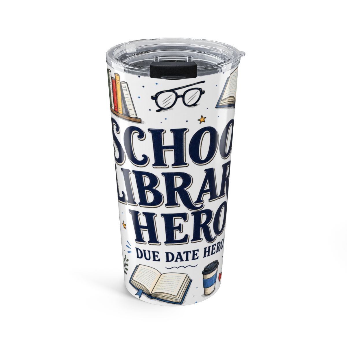 School Library Hero 20oz Tumbler — Due Date Hero — Insulated Stainless Steel Travel Cup — Front view — Photo 1