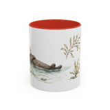 Sea Otter Accent Mug | Watercolor Nature Coffee Cup | 11oz 15oz Ocean Wildlife Gift — 11oz / Red — front