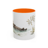 Sea Otter Accent Mug | Watercolor Nature Coffee Cup | 11oz 15oz Ocean Wildlife Gift — 11oz / Orange — front