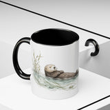 Sea Otter Accent Mug | Watercolor Nature Coffee Cup | 11oz 15oz Ocean Wildlife Gift — 11oz / Black — context-2