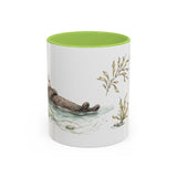 Sea Otter Accent Mug | Watercolor Nature Coffee Cup | 11oz 15oz Ocean Wildlife Gift — 11oz / Light Green — front