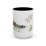 Sea Otter Accent Mug | Watercolor Nature Coffee Cup | 11oz 15oz Ocean Wildlife Gift — 15oz / Black — front