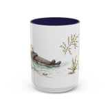 Sea Otter Accent Mug | Watercolor Nature Coffee Cup | 11oz 15oz Ocean Wildlife Gift — 15oz / Navy — front
