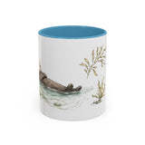 Sea Otter Accent Mug | Watercolor Nature Coffee Cup | 11oz 15oz Ocean Wildlife Gift — 11oz / Light Blue — front